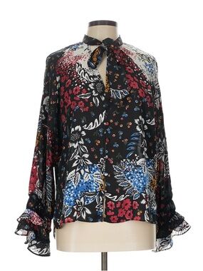 Laundry By Shelli Segal Black Floral Tie-Neck Blouse with Blue & Red Accents